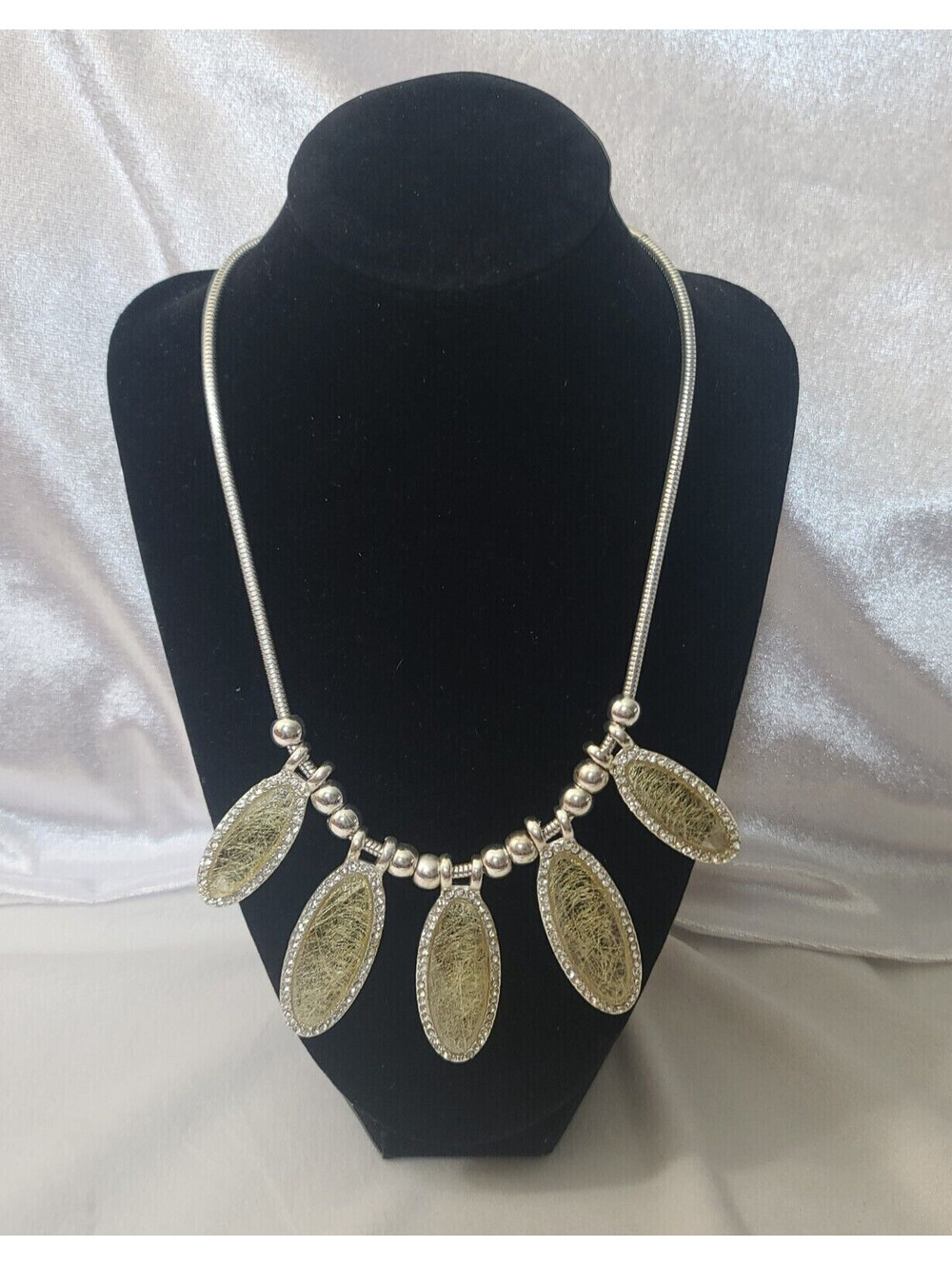 C1946 Signed Large Statement Necklace 5 Sparkly Yellow Ovals with Silver Beads
